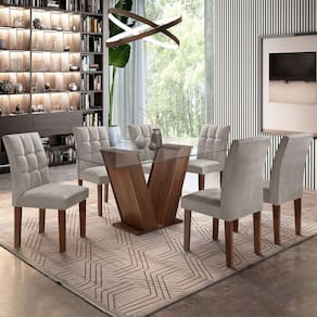 Mesa de Jantar 6 Lugares Vitória com Vidro Chocolate/Linho Cinza - Cel Móveis