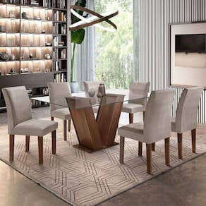 Mesa de Jantar 6 Lugares Classic com Vidro Chocolate/Linho Cinza - Cel Móveis