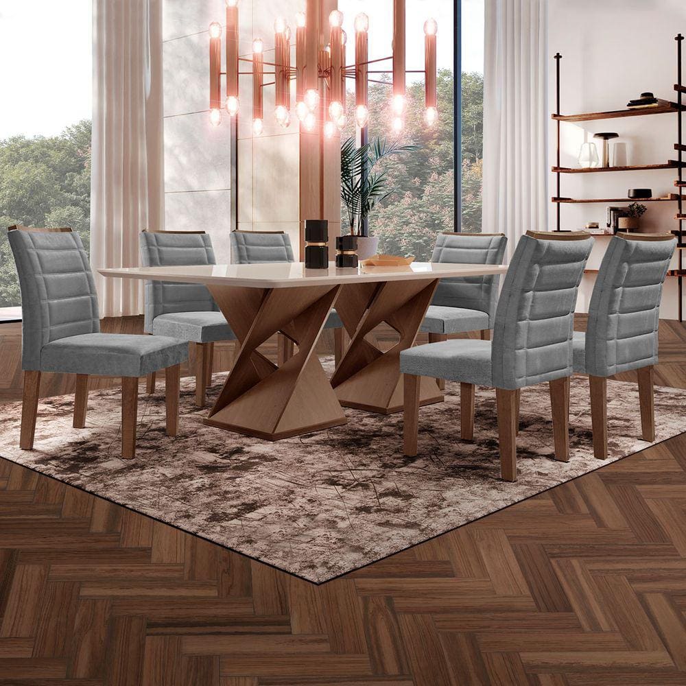 Mesa de Jantar 6 Lugares Genova com Vidro Chocolate/Off White/Cinza - Cel Móveis