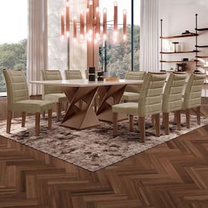 Mesa de Jantar 8 Lugares Genova com Vidro Chocolate/Off White/Marrom Claro - Cel Móveis