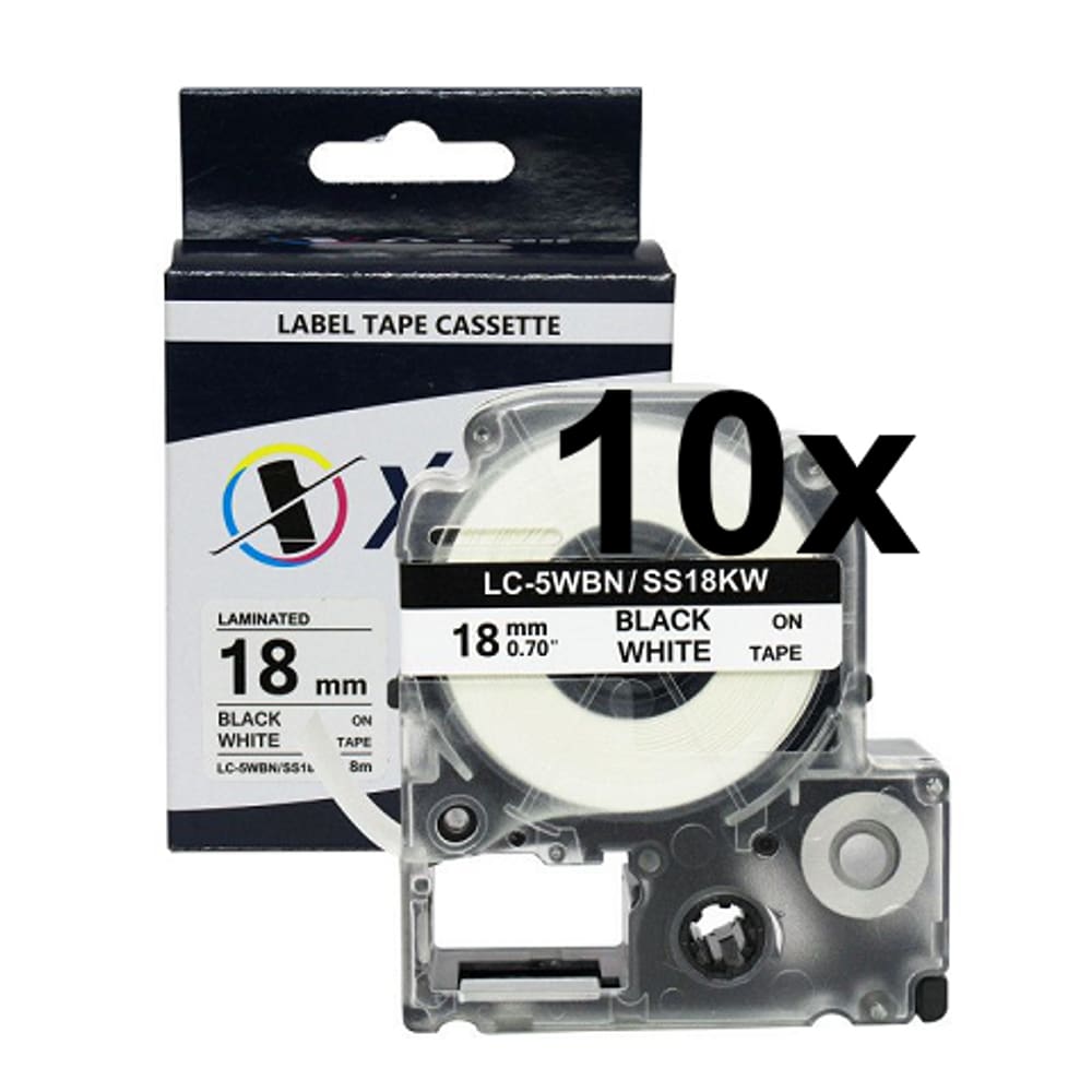 Kit 10 Fitas Compatível Epson LC5WBN Branca Letra Preta 18mm