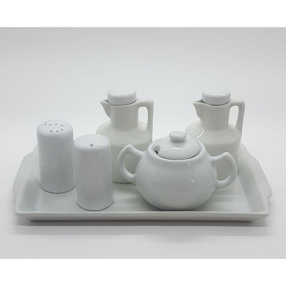 Kit Cozinha - Bandeja + Saleiro Mesa + Paliteiro + kit 2 Galheteiros + Açucareiro Chaleira - Porcelana Branca e Bege