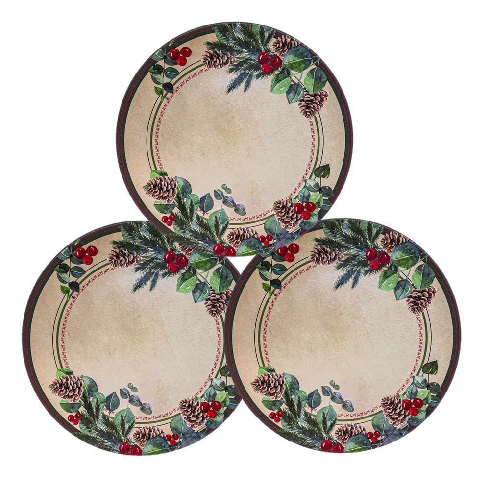 Jogo 3 Sousplat Natal Luxo Decor Estampa Pinhas Folhagens e Berrries 33cm - Magizi