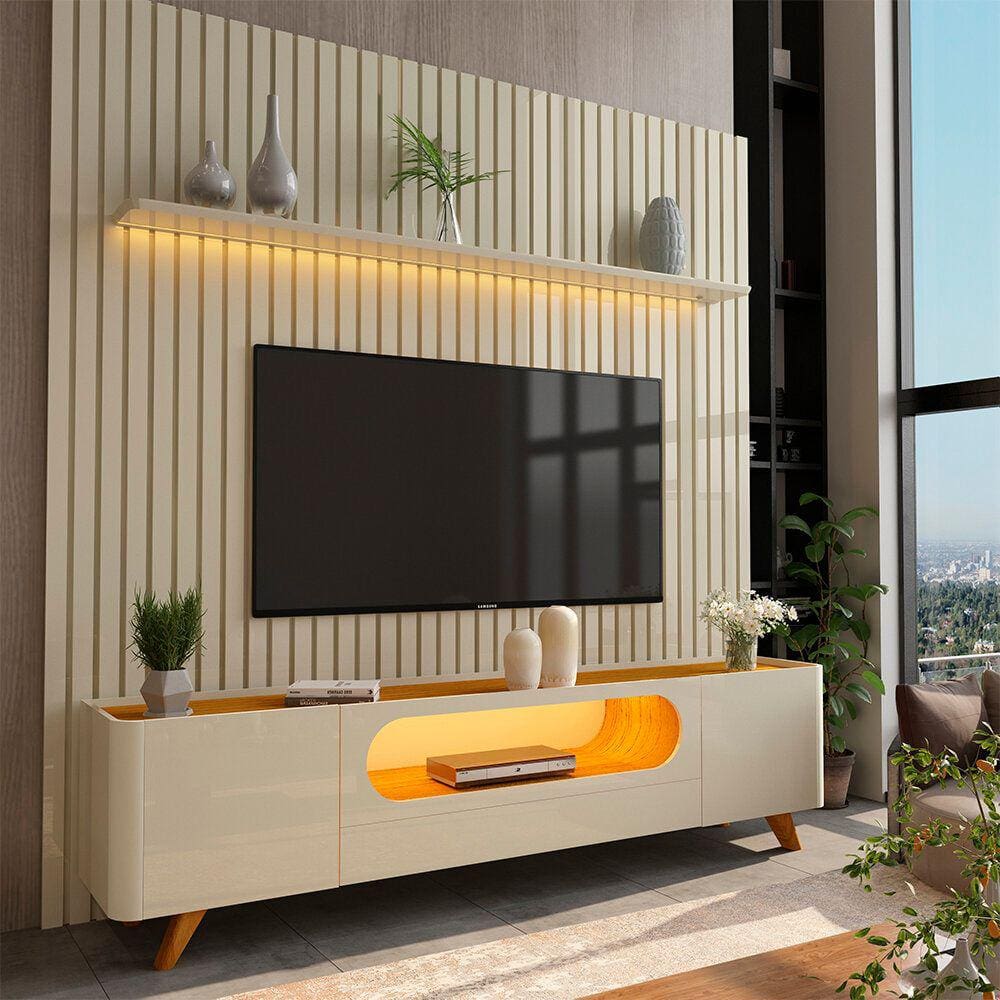 Painel e Rack Nobre Ripado com LED Pés de Madeira 230 Off White - Gelius