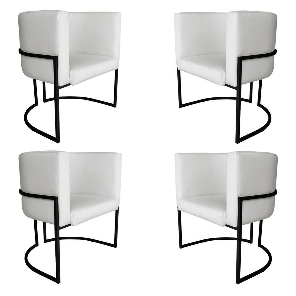 Kit 4 Poltronas Decorativa Luana Base Preta PU Branco - Montanaris Decor