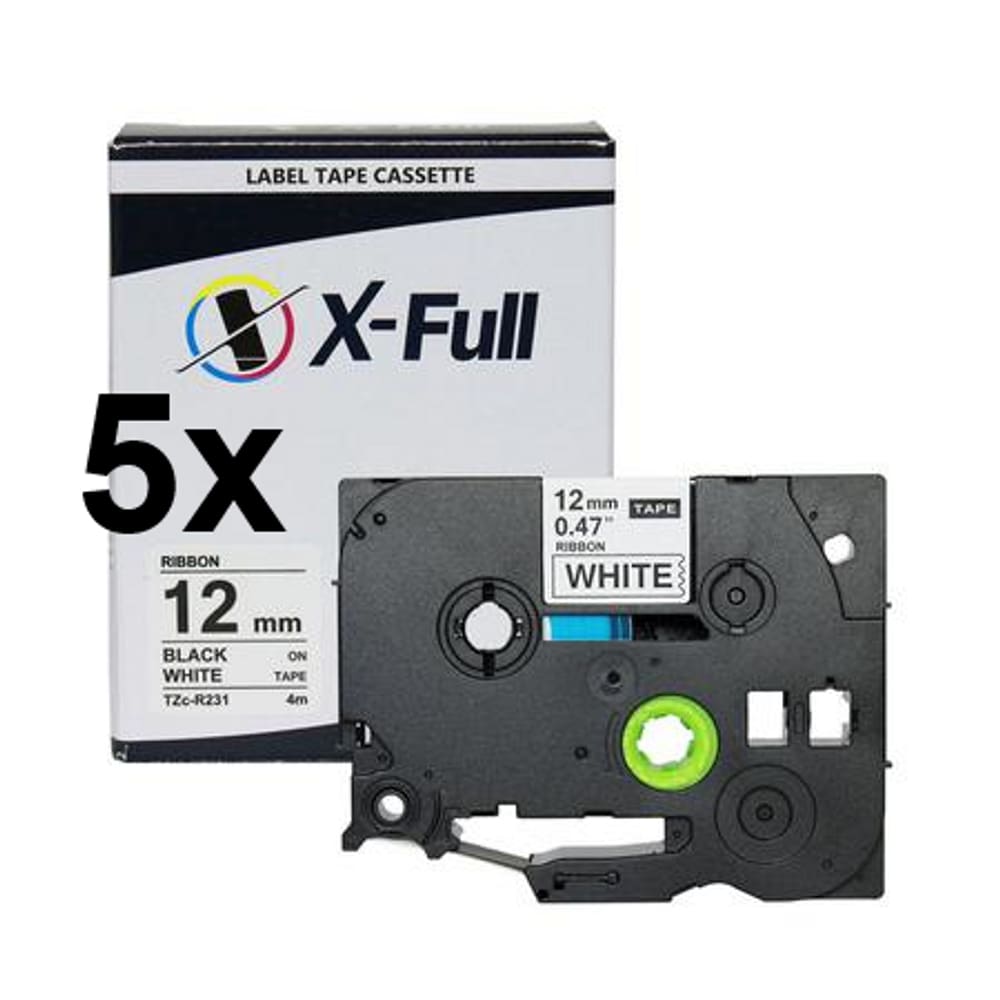 Kit 5 Fitas Cetim Compatível Brother Tze R231 Branca 12mm