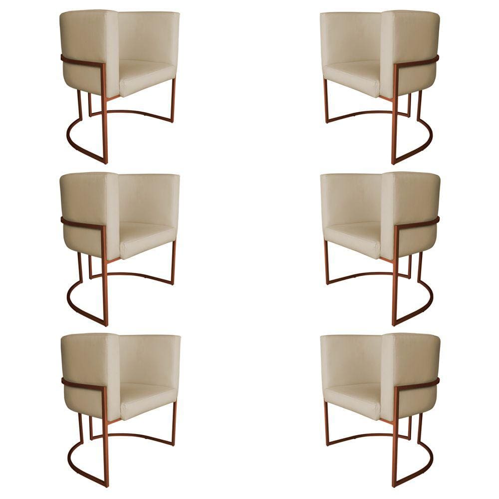 Kit 6 Poltronas Decorativa Luana Base Bronze PU Bege - Montanaris Decor