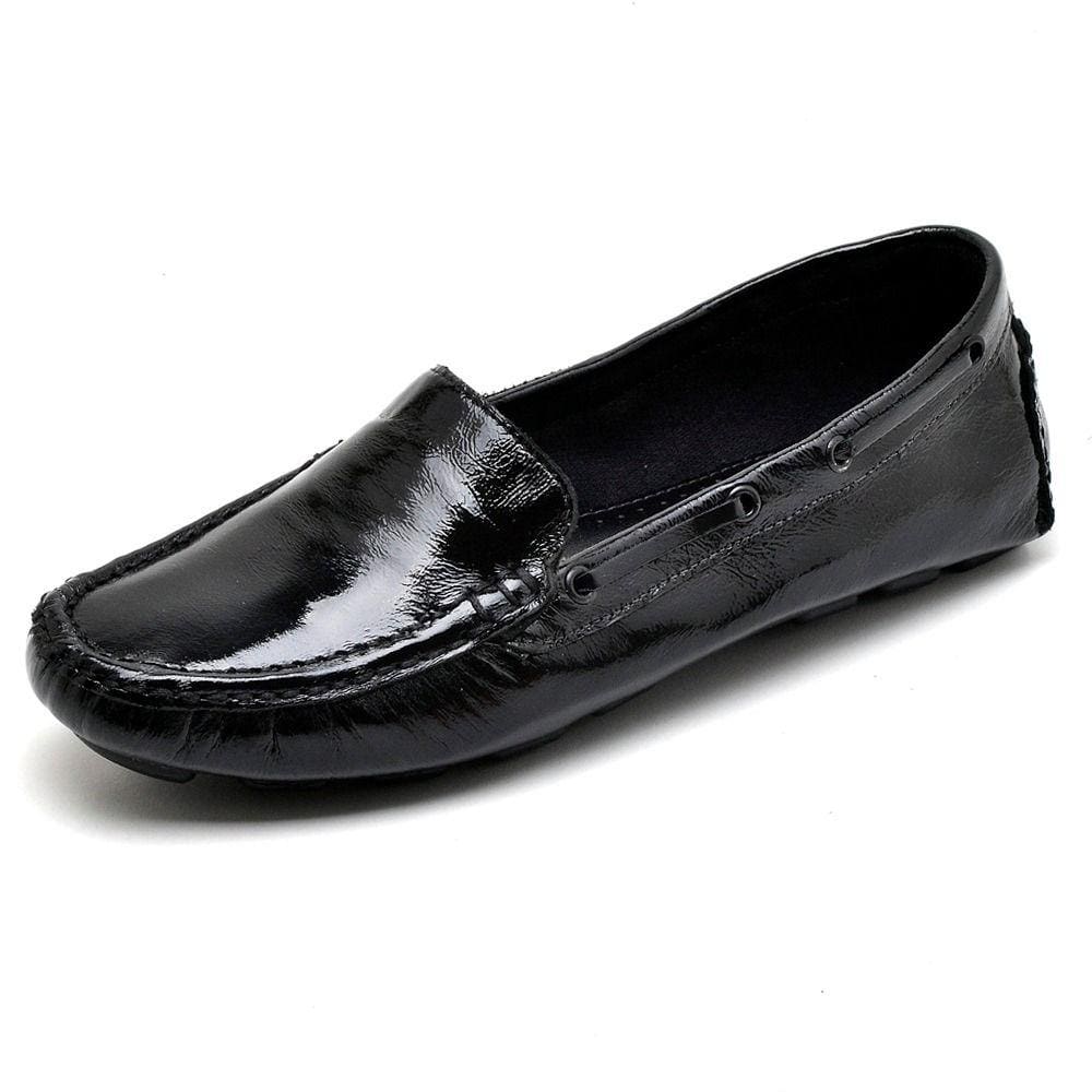 Sapatilha Mocassim Drive em Couro Verniz Feminino Solado Borracha Calce Facil Elegante Trabalho
