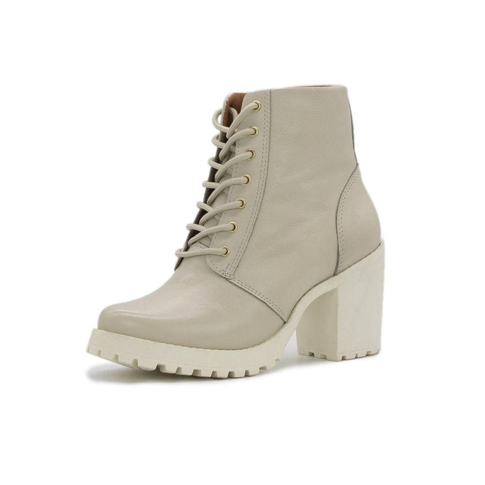 Bota Casual Feminina Couro Salto Medio Quadrado Cadarço e Ziper Bico Redondo