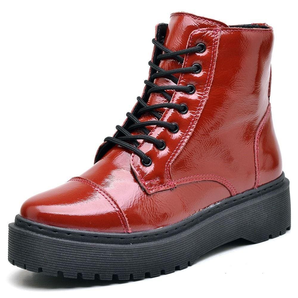 Bota Plataforma Couro Verniz Feminina Cadarço Cano Medio Confortavel Forrada Leve