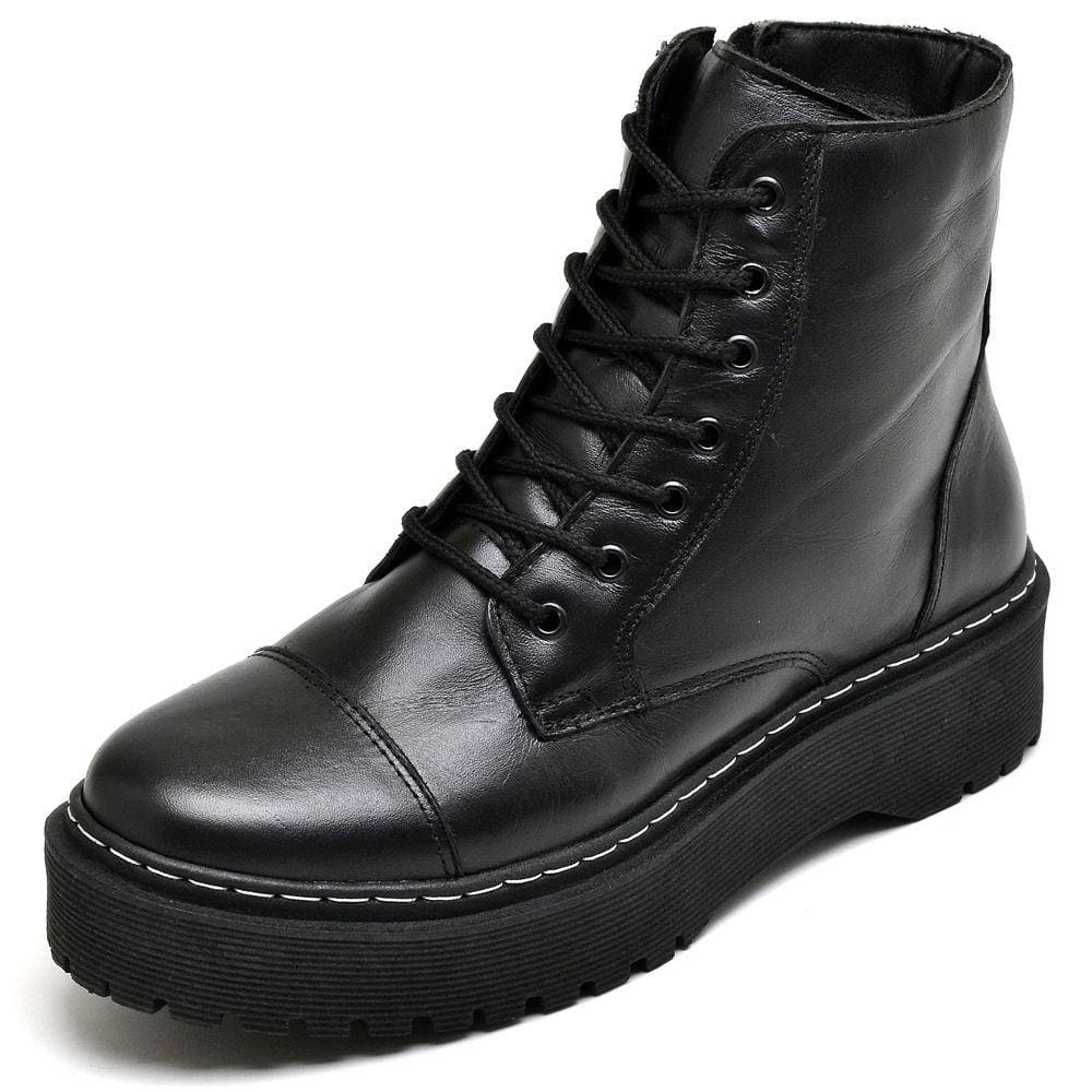 Bota Tratorada Couro Feminina Com Cadarço Super Macia e Leve Moderna Sola Borracha