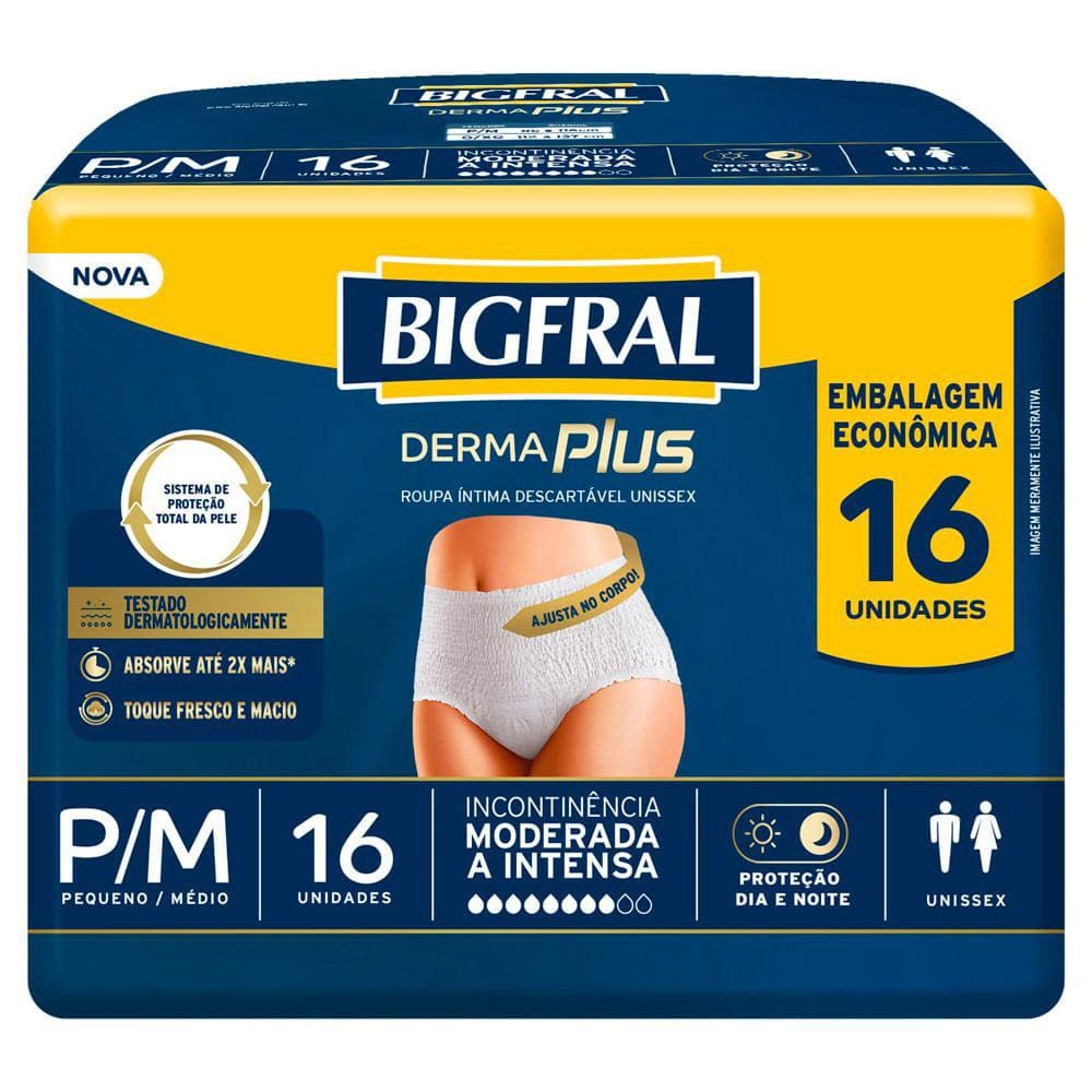 Roupa Íntima Bigfral Derma Plus Descartável Unissex Tamanho P/M com 16 Unidades