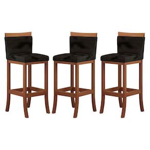 Kit 3 Banquetas Média Encosto Estofado 38x92Cm Paris Madeira Maciça Castanho Suede Preto CCS