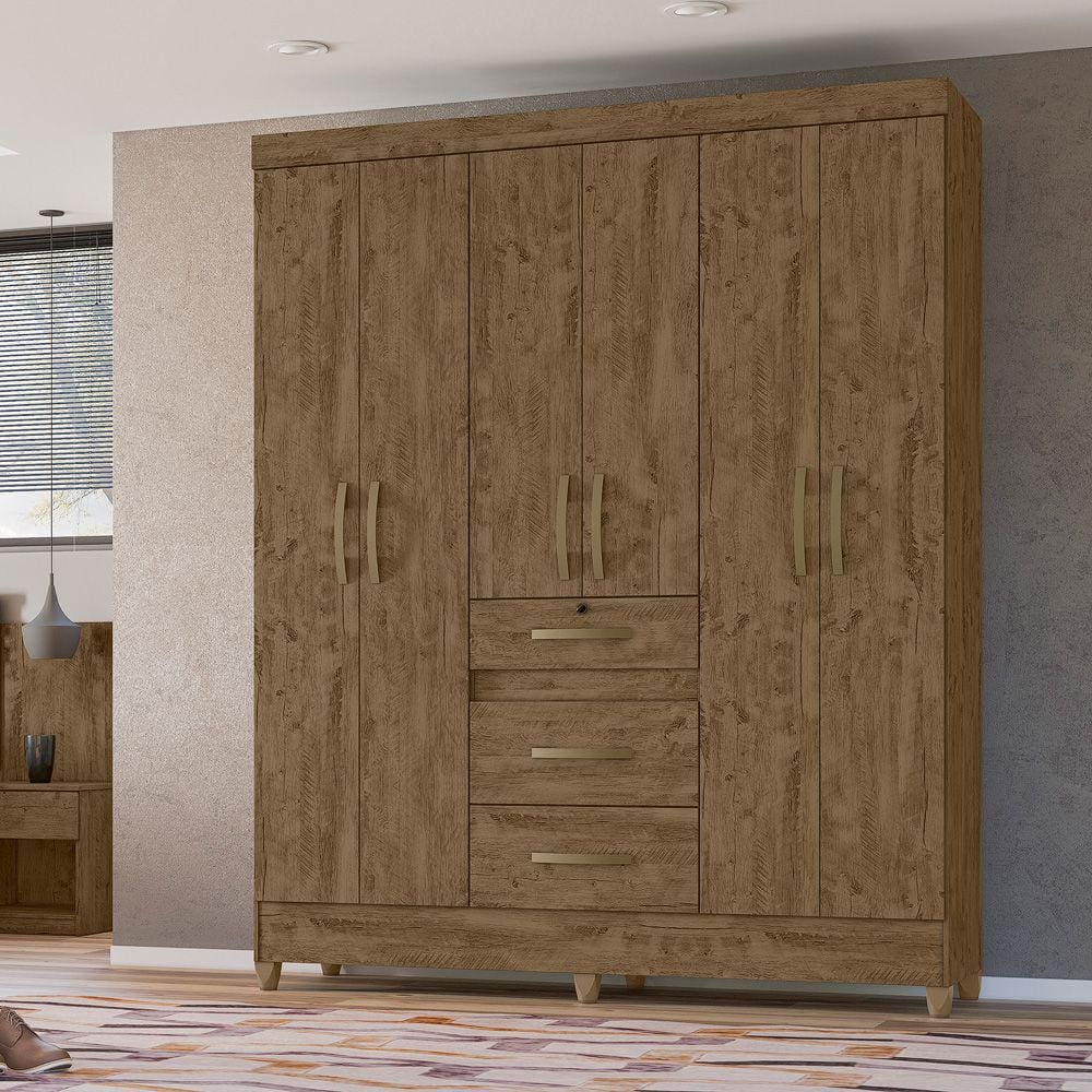 Guarda Roupa Roupeiro Itatiba Castanho Wood 6 Portas 3 Gavetas Moval