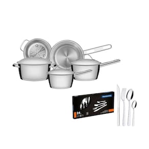 Kit - Jogo De Panelas Allegra 5 Pçs Inox + Faqueiro Inox Buzios 24pçs - Tramontina