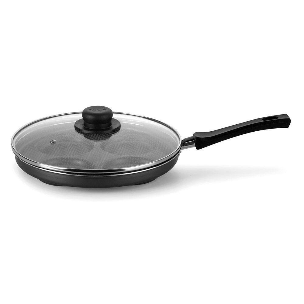 Frigideira 4 Ovos Com Tampa Gourmet Preto 28 Cm Em Alumínio Com Revestimento Interno Antiaderente