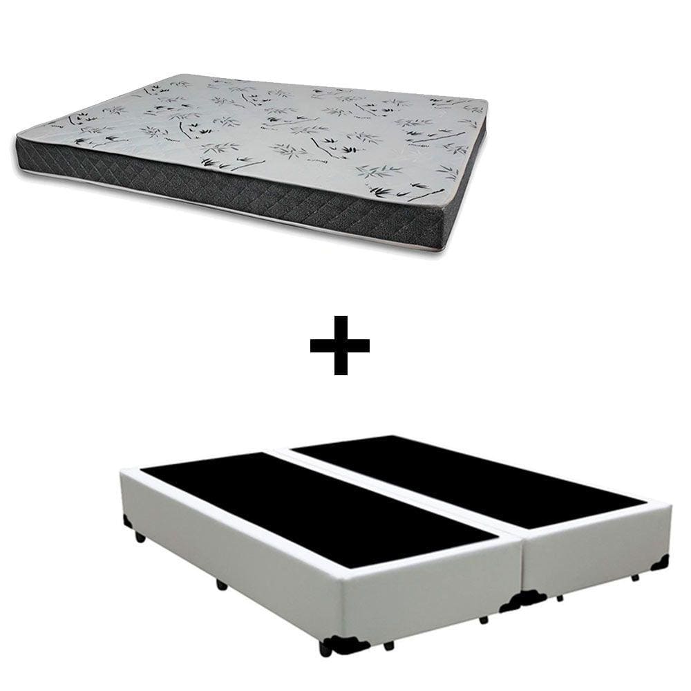 Cama Box Casal 138 Bipartido Tecido Sintético Branco Com Colchão Miller Bello Box - 100% Espuma - D33 Cinza 54x138x188