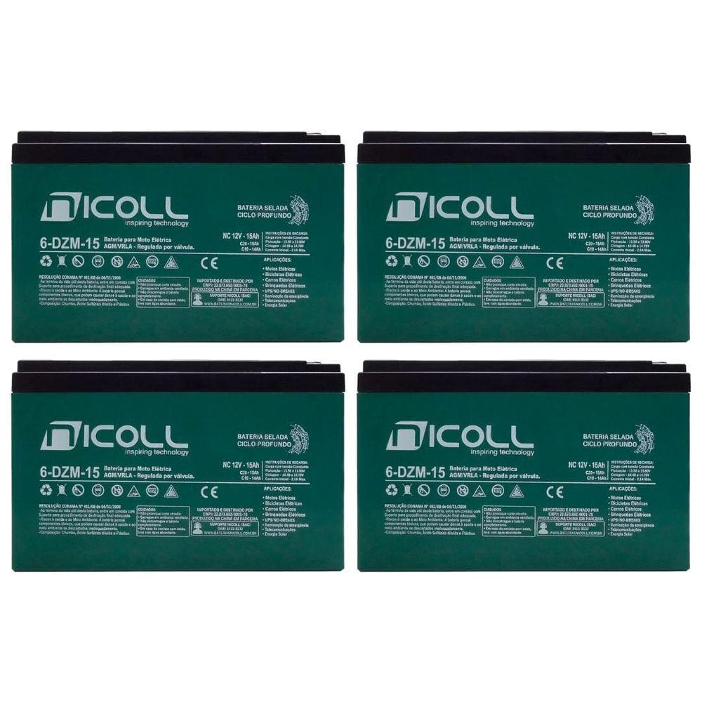 Bateria Para Bicicleta Elétrica Kit Com 4 Ciclo Profundo 12V 15Ah 6-Dzm-15 Nicoll