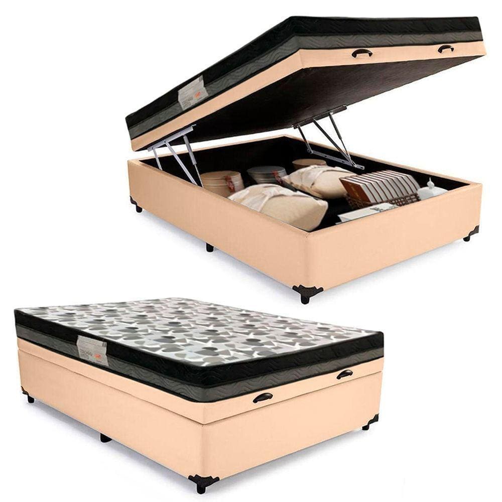 Cama Baú Casal Sintético + Colchão Casal Ortobom Iso Dupla Face 60x138x188 bege