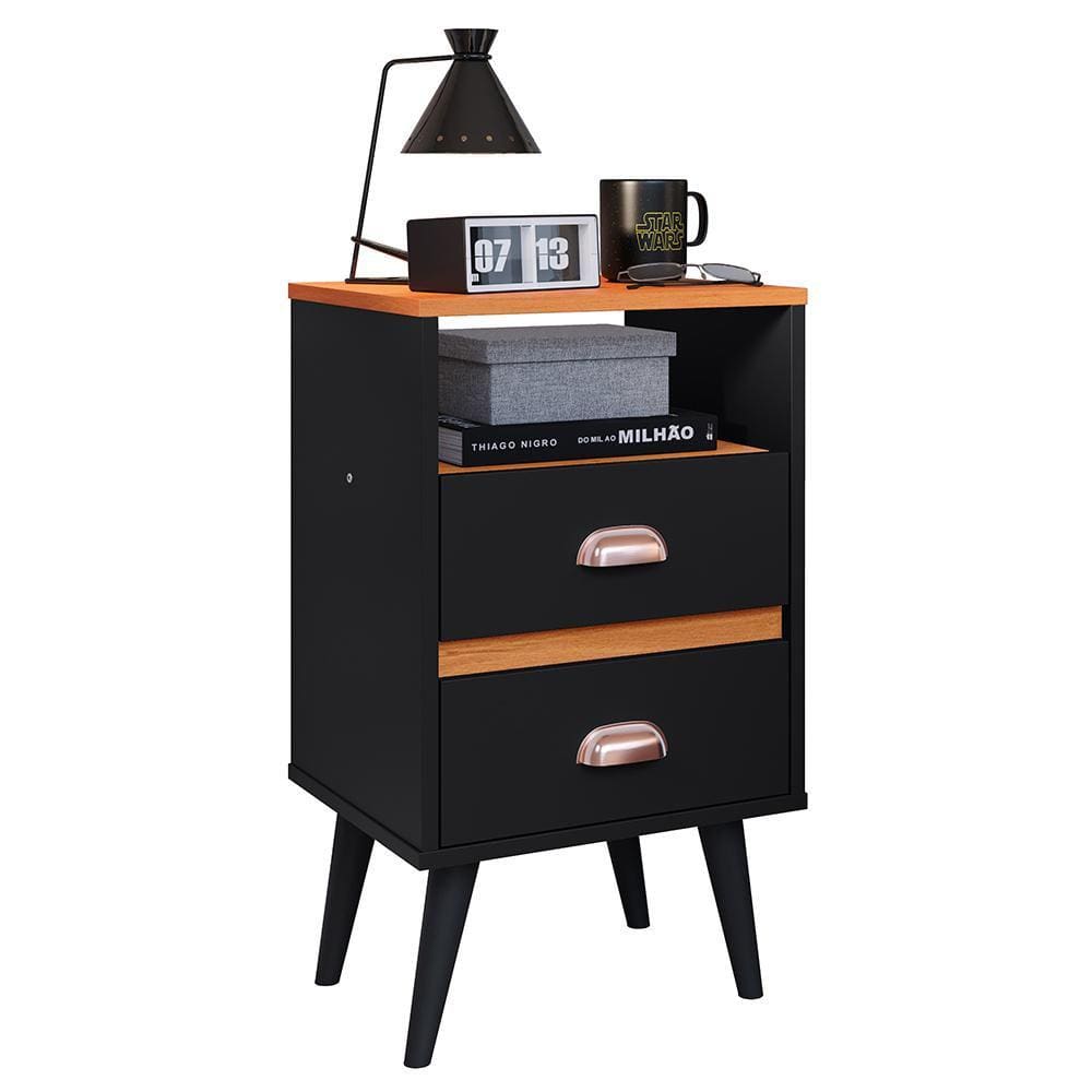 Mesa de Cabeceira Pequena Mesinha Com Gavetas Moderna Nicho Organizador Retrô Canto Quarto Classic New - Preto/Cinamomo - RPM