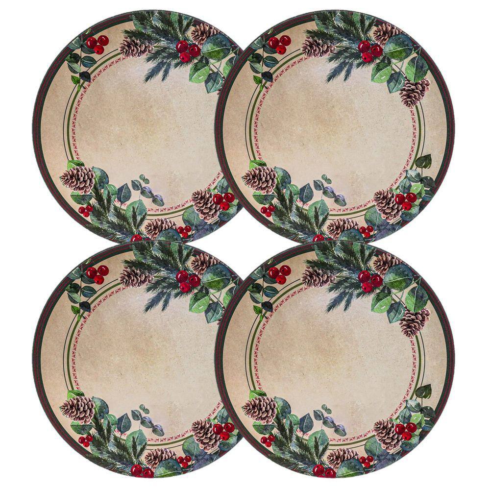 Jogo 4 Sousplat Natal Luxo Decor Estampa Pinhas Folhagens e Berrries 33cm - Magizi