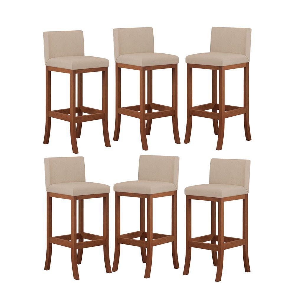 Kit 6 Banquetas Média Encosto Estofado 38x90Cm Ilha Espanha Madeira Maciça Castanho Suede Bege CCS