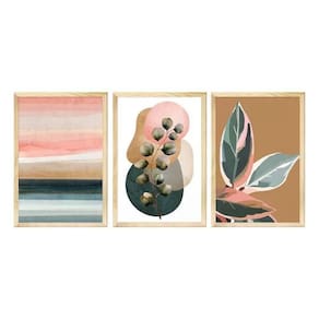 Kit 3 Quadros Decorativos Sala Estar 30x40 Moldura Pinus com Folhagens Plantas Coloridas - Hugart