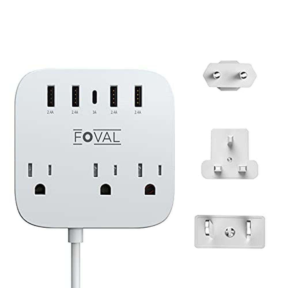 Adaptador de plugue de viagem europeu, filtro de linha FOVAL UE/Reino Unido/EUA com USB C e 4 portas USB, 3 tomadas CA, montagem na parede, cabo de ex
