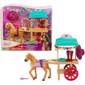 Mattel Spirit Untamed Miradero Riding Gear Cart com Rodas Rolantes, Copa, 5-in Pony & Acessórios Relacionados, Grande Presente para Idades 3 & Up