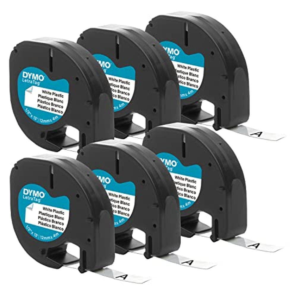 Fita de rotulagem de plástico DYMO Authentic LT para fabricantes de etiquetas LetraTag, 1/2" (12mm), Impressão preta em fita branca, 6-Pack