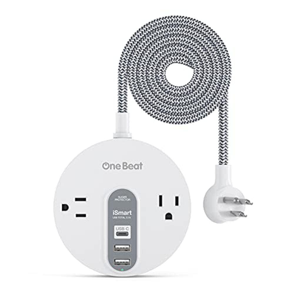 Protetor de surto de tira de energia com USB C - Extensão Cord flat plug com 2 Widely AC Outlet e 3 USB, Pequena Estação de Carregamento de Desktop co