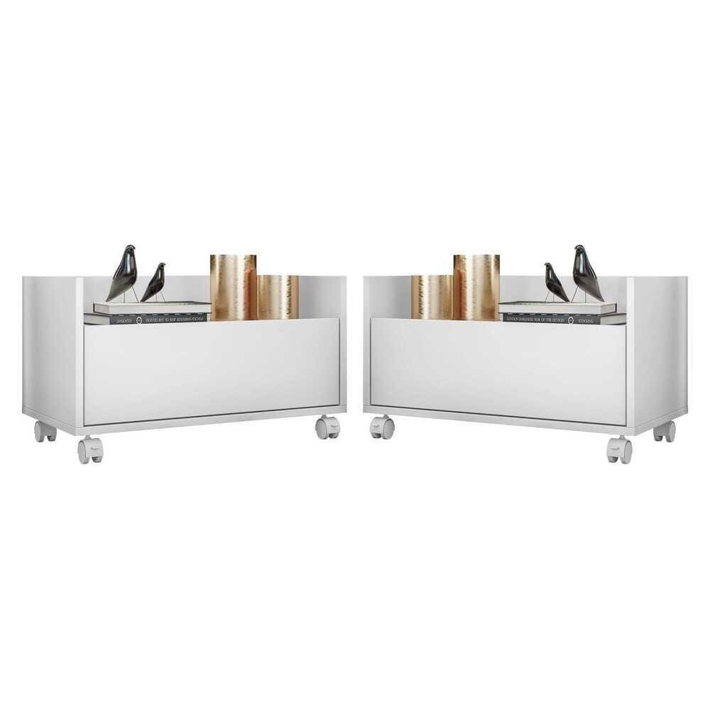 Kit Com 2 Mesas De Cabeceira 60Cm Com Rodízios Multimóveis V3635 Branca Branco