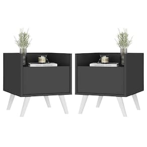 Kit Com 2 Mesas De Cabeceira 40Cm Retrô Multimóveis V4044 Preta/Branca Preto/Branco