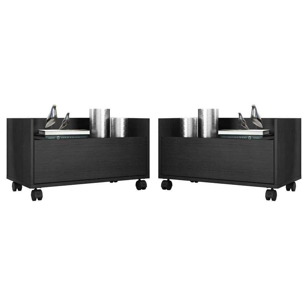 Kit Com 2 Mesas De Cabeceira 60Cm Com Rodízios Multimóveis V3635 Preta Preto