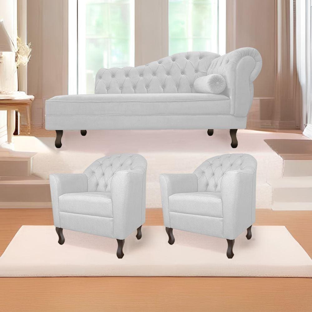 Kit Diva Recamier Diana 140Cm Lado Esquerdo E 02 Poltronas Julia Suede - Doce Sonho Móveis Branco
