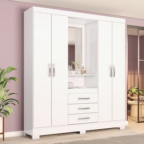 Guarda Roupa Casal 4 Portas Com Espelho 3 Gavetas Ryan Casa 812 Branco Ou Branco Com Rosa Chá