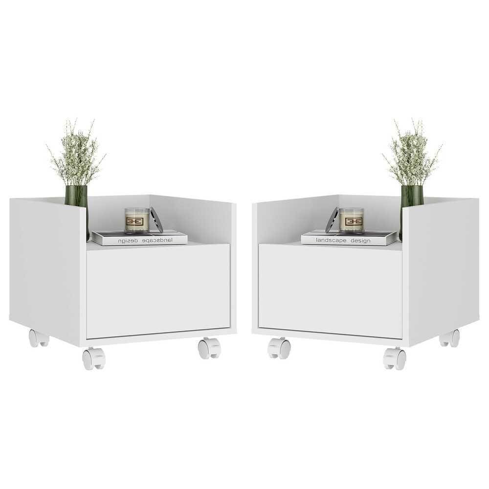 Kit Com 2 Mesas De Cabeceira 40Cm Com Rodízios Multimóveis V4045 Branca Branco