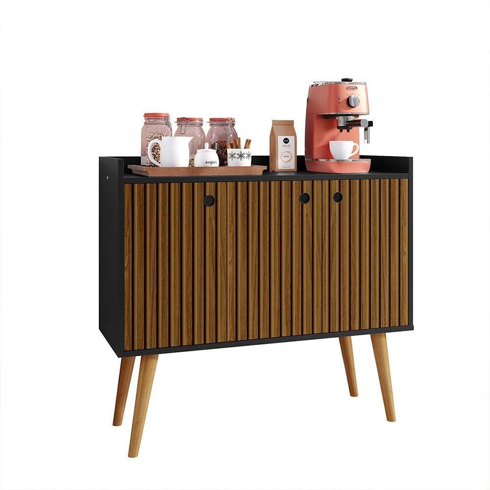 Aparador Buffet Wood Prime 3 Portas Cantinho Café Prateleira Organizadora Pés Palito Decoração Retrô - Preto|Ripado Nature - RPM Móveis