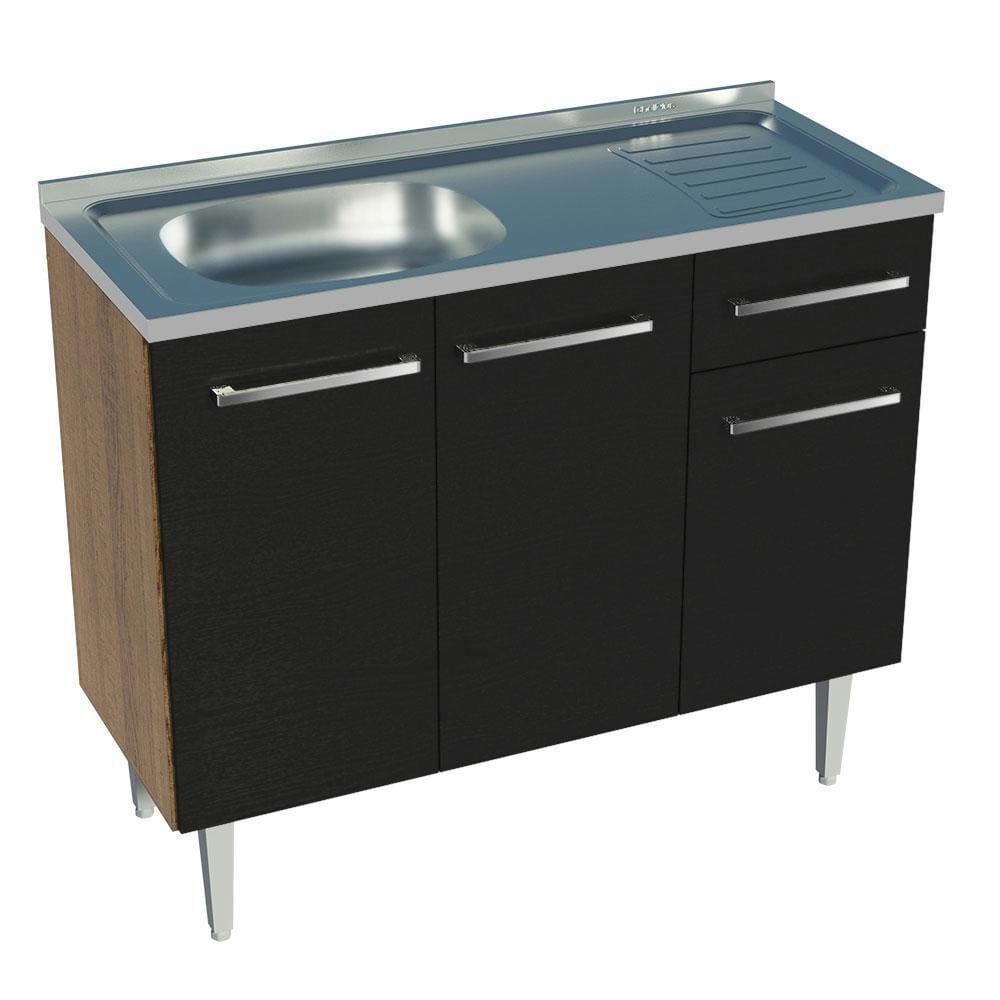Balcão Gabinete Com Pia 3 Portas E 1 Gaveta 105cm Rustic/preto Emilly Madesa Rustic/preto