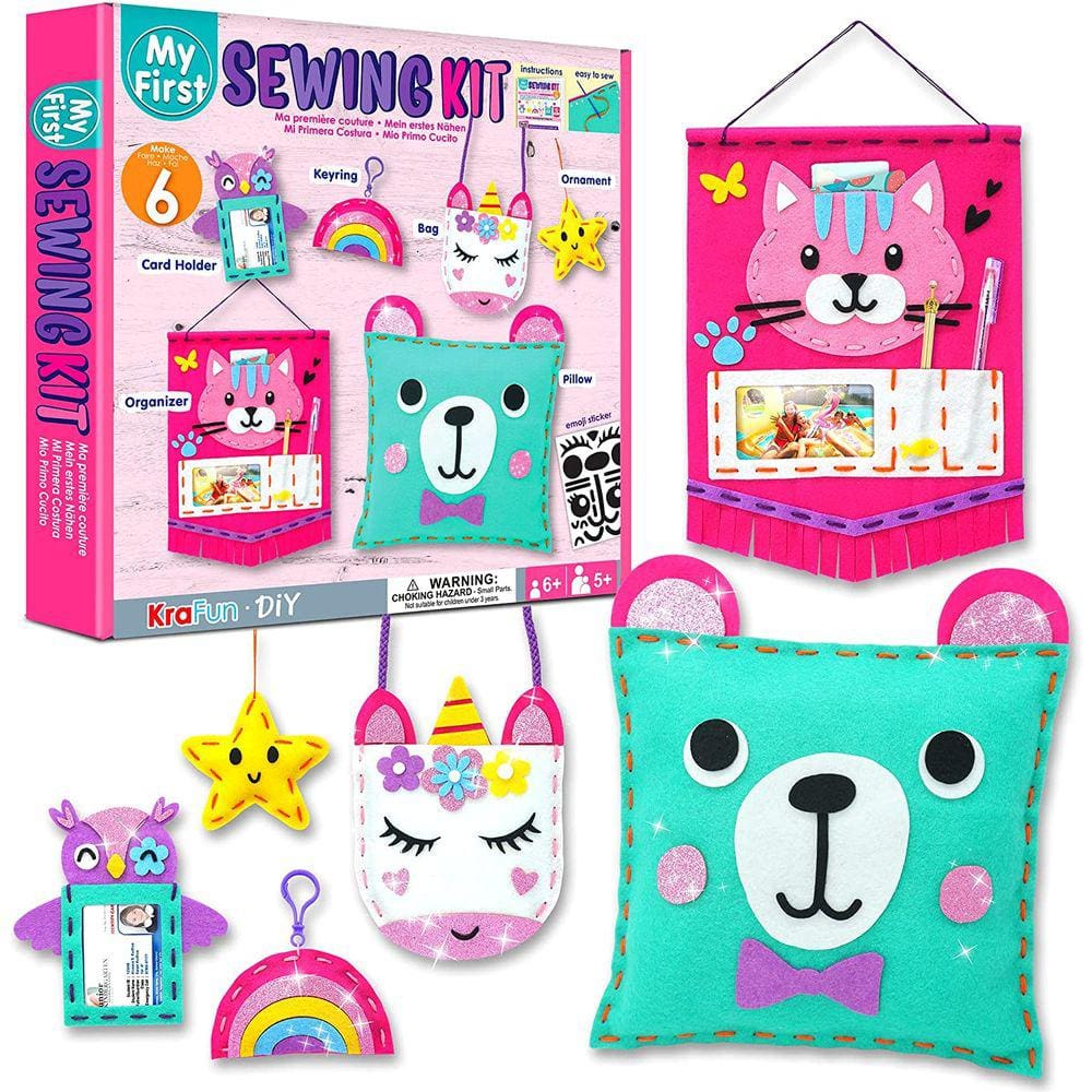 INICIANTE KRAFUN Meu primeiro kit de costura para crianças arte & artesanato, inclui 6 projetos fáceis Costura bonecas animais recheados e travess