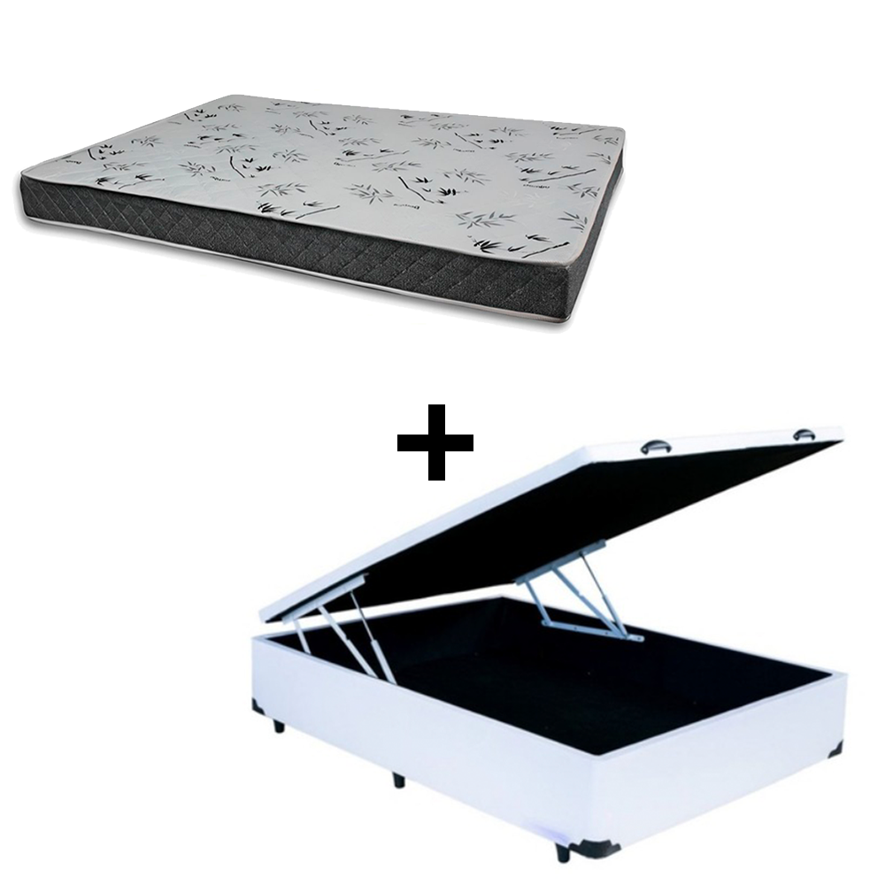 Cama Baú Casal 138 Tecido Sintético Branco com Colchão Miller Bello Box - 100% Espuma - D33 Cinza 54x138x188