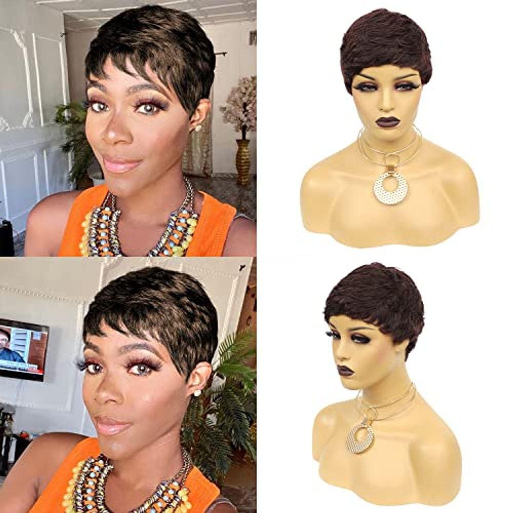 VRVOGUE Perucas de Cabelo Humano Curto Pixie Corte Pixie Perucas Curtas Onduladas Pretas em Camadas Perucas de Cabelo Humano Curto para Mulheres Negra