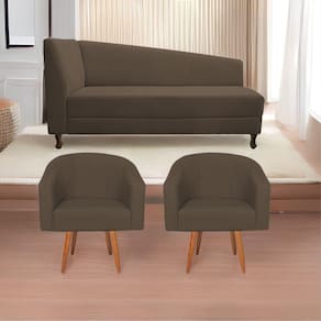 Kit Diva Recamier Heitor 140Cm Lado Direito E 02 Poltronas Luiza Suede - Doce Sonho Móveis Marrom