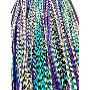 30 Penas de Cabelo Roxo, Branco e Turquesa Grizzly Color - 7 "- 12" de comprimento - Penas para Extensão de Cabelo, Kit DIY de Penas de Galo
