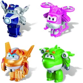 Super Wings - 2" Transform-a-Bot 4-Pack Supercharged Paul, Supercharged Dizzy, Golden Boy, &amp; Mira Airplane Toys Mini Action Figures | Avião d