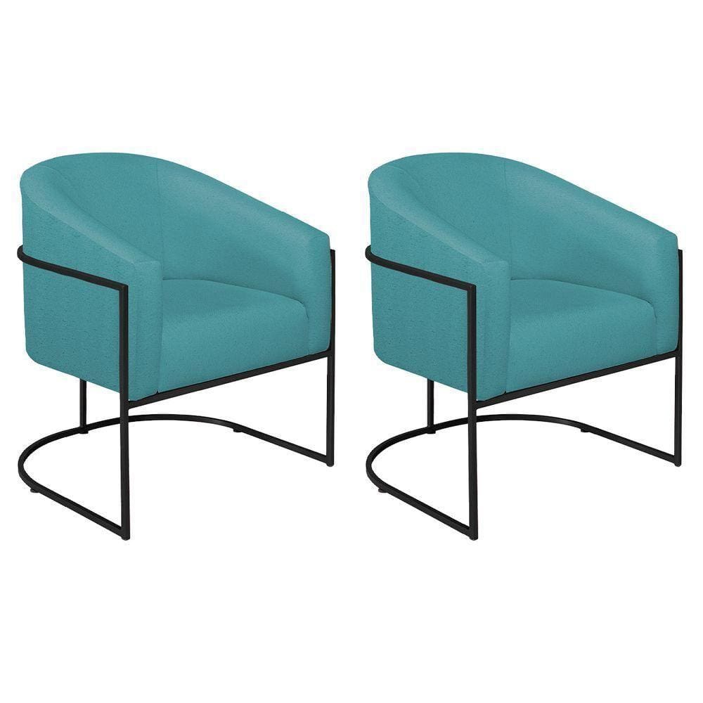 Kit 02 Poltronas Decorativas Luiza Base De Ferro Preto Suede - Doce Sonho Móveis Azul Turquesa