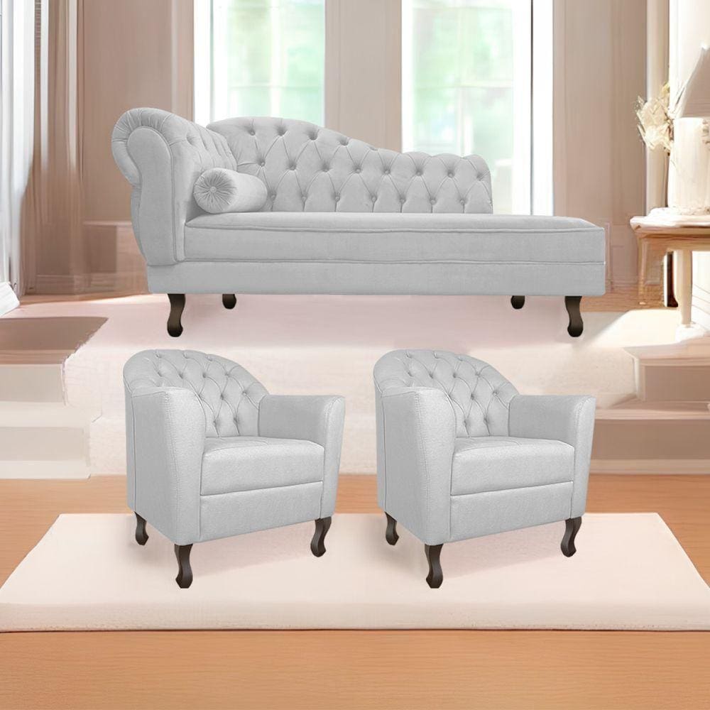 Kit Diva Recamier Diana 160Cm Lado Direito E 02 Poltronas Julia Corano - Doce Sonho Móveis Branco