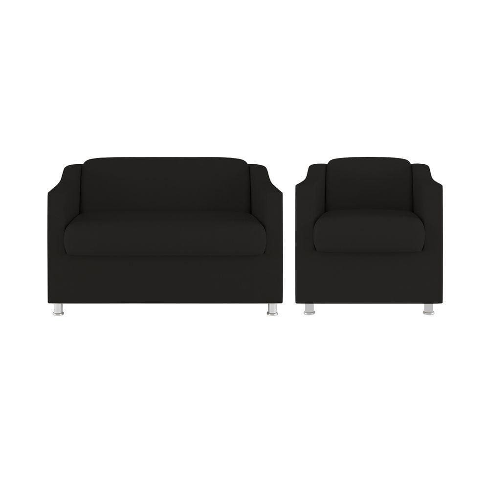 Kit Sofá Namoradeira + Poltrona Tilla Recepção Sala Tecido preto