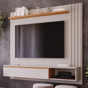 Painel Para Tv Até 60`` 100%Mdf C/ 1 Porta E Nicho Panama Plus Permobili Off White/Nature Off White