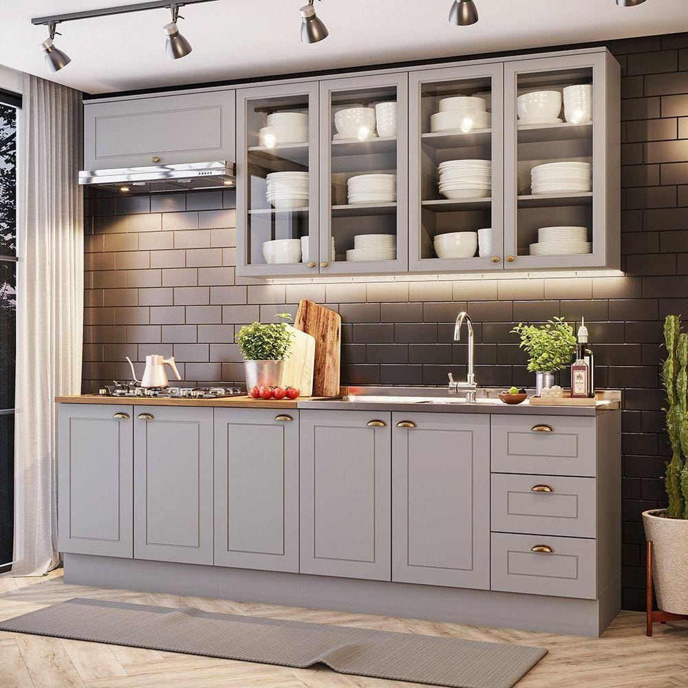 Cozinha Compacta Com Balcão Para Cooktop 6 Peças Amy Casa 812 Cinza